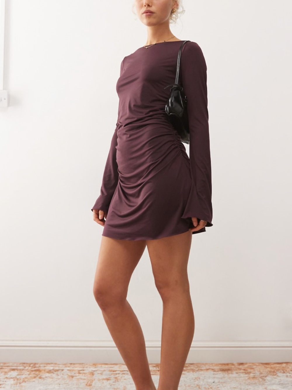 Monki Long-Sleeve Ruched Mini Dress in Plum